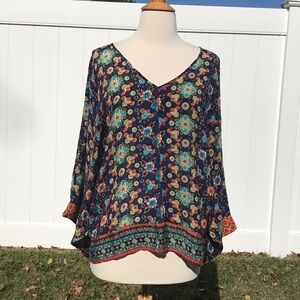 NWOT Tolani Multicolor Floral 100% Silk V Neck Dolman Sleeves Blouse Size Small